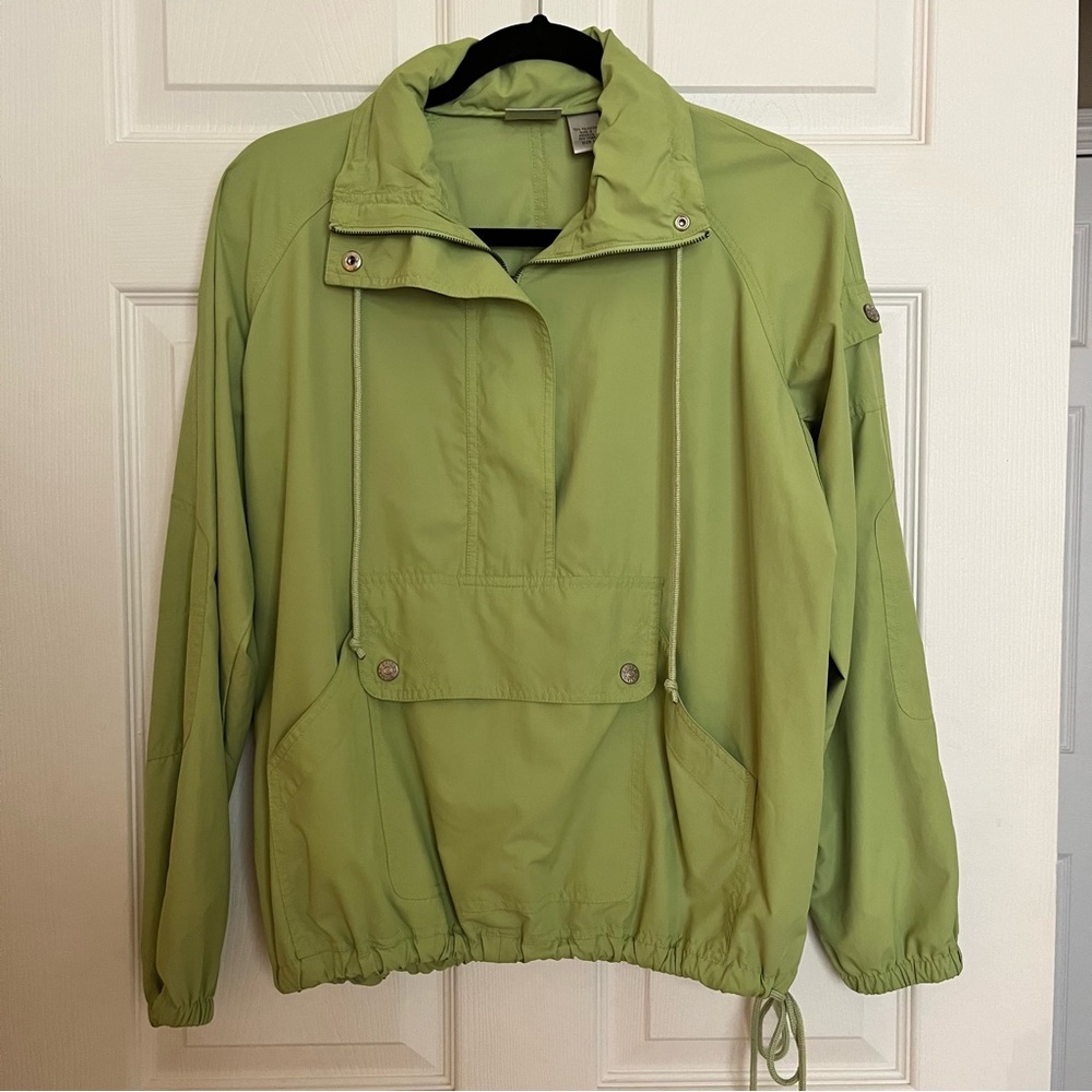 Chicos Rain Jacket Woman’s With Zippered Hoodie Size 1 Lime Green